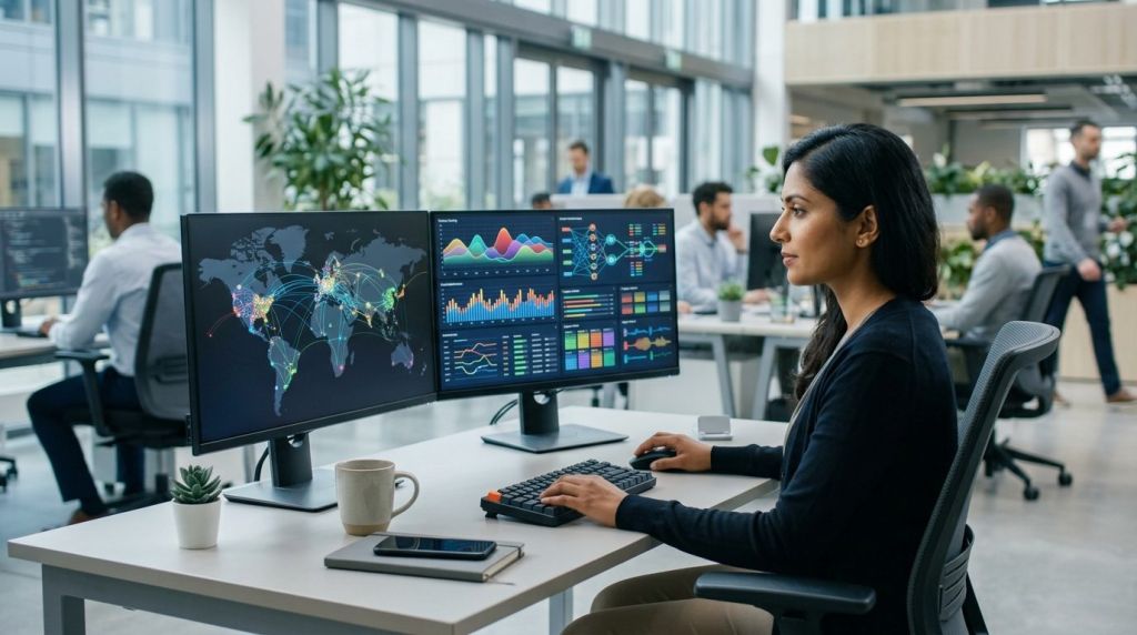 Network engineer monitoring multi-site telemetry dashboards during an enterprise network migration.