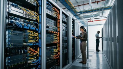 Modern enterprise server rack with glowing optical cables representing managed SD-WAN deployment architecture.