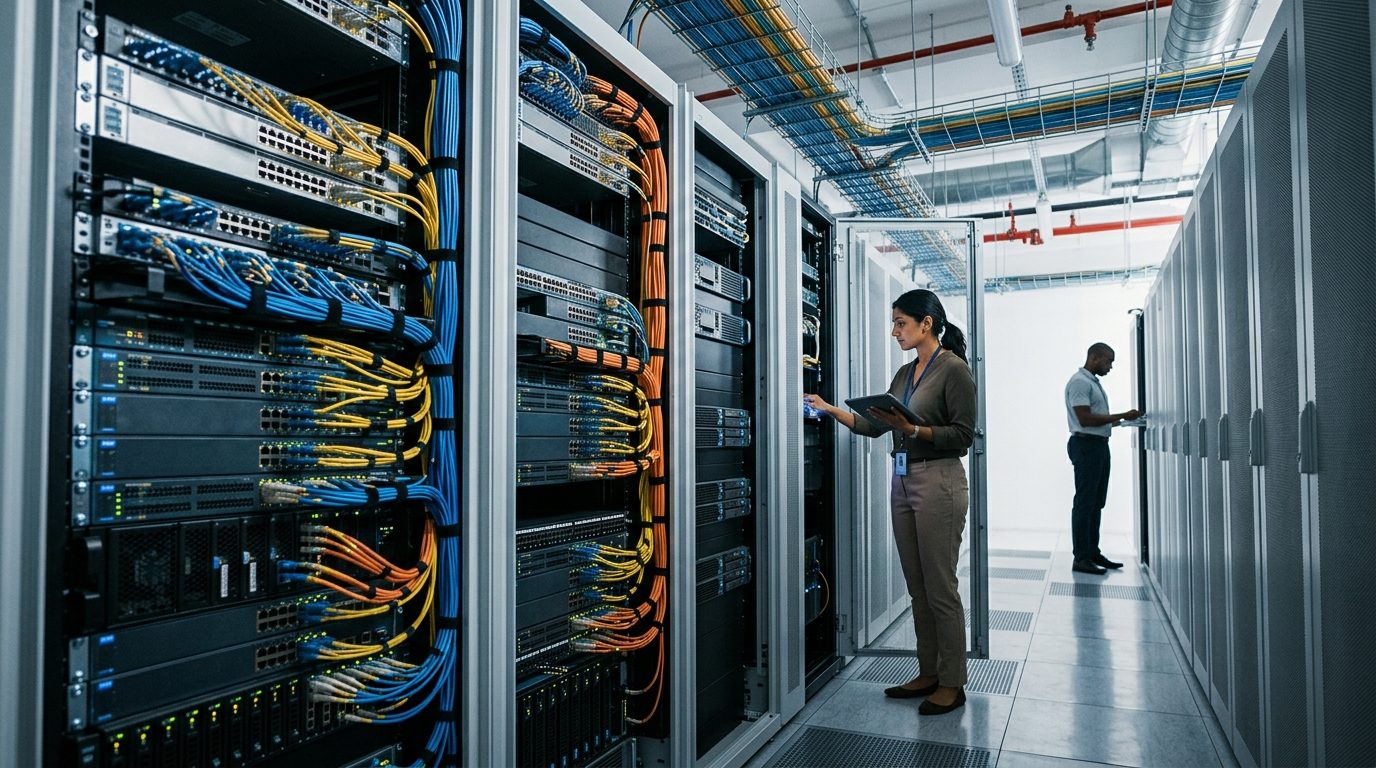 Modern enterprise server rack with glowing optical cables representing managed SD-WAN deployment architecture.