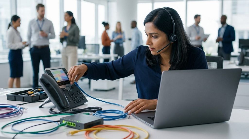 Systems engineer performing setup and testing on a VoIP business telephone.