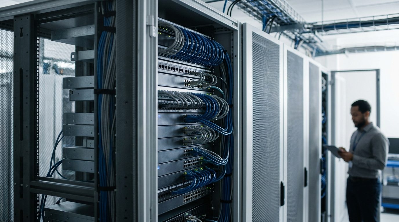 Yeastar IP PBX hardware installed in a secure enterprise server rack.